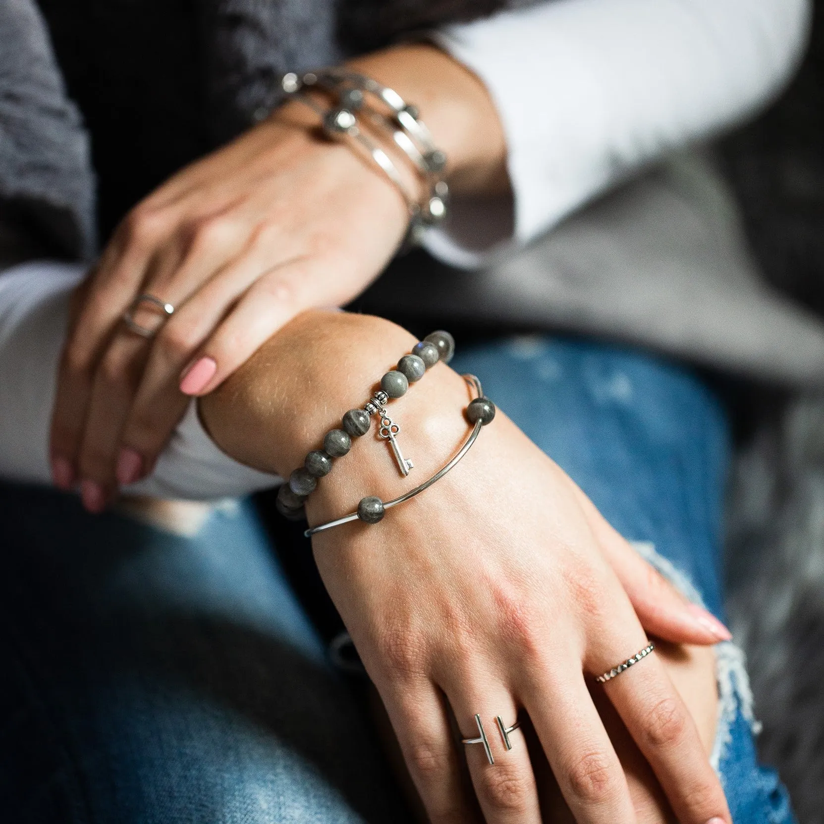 Angel Wing | Stone Beaded Charm Bracelet | Onyx