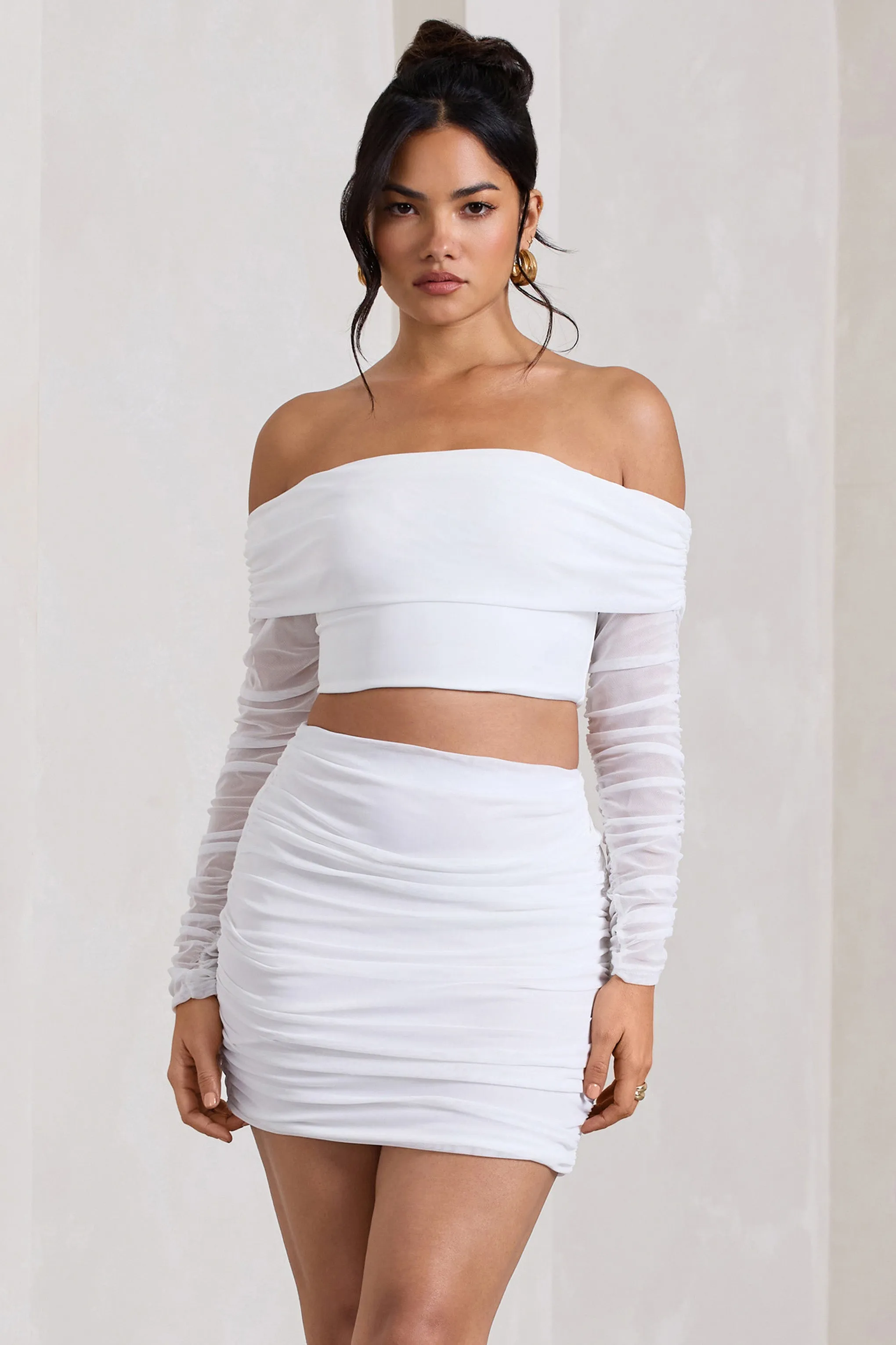 Rule Breaker | Crop top Bardot en maille froncee blanc